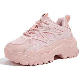 Women Pink Casual Tennis Lace Up Chunky Sneakers Shoes